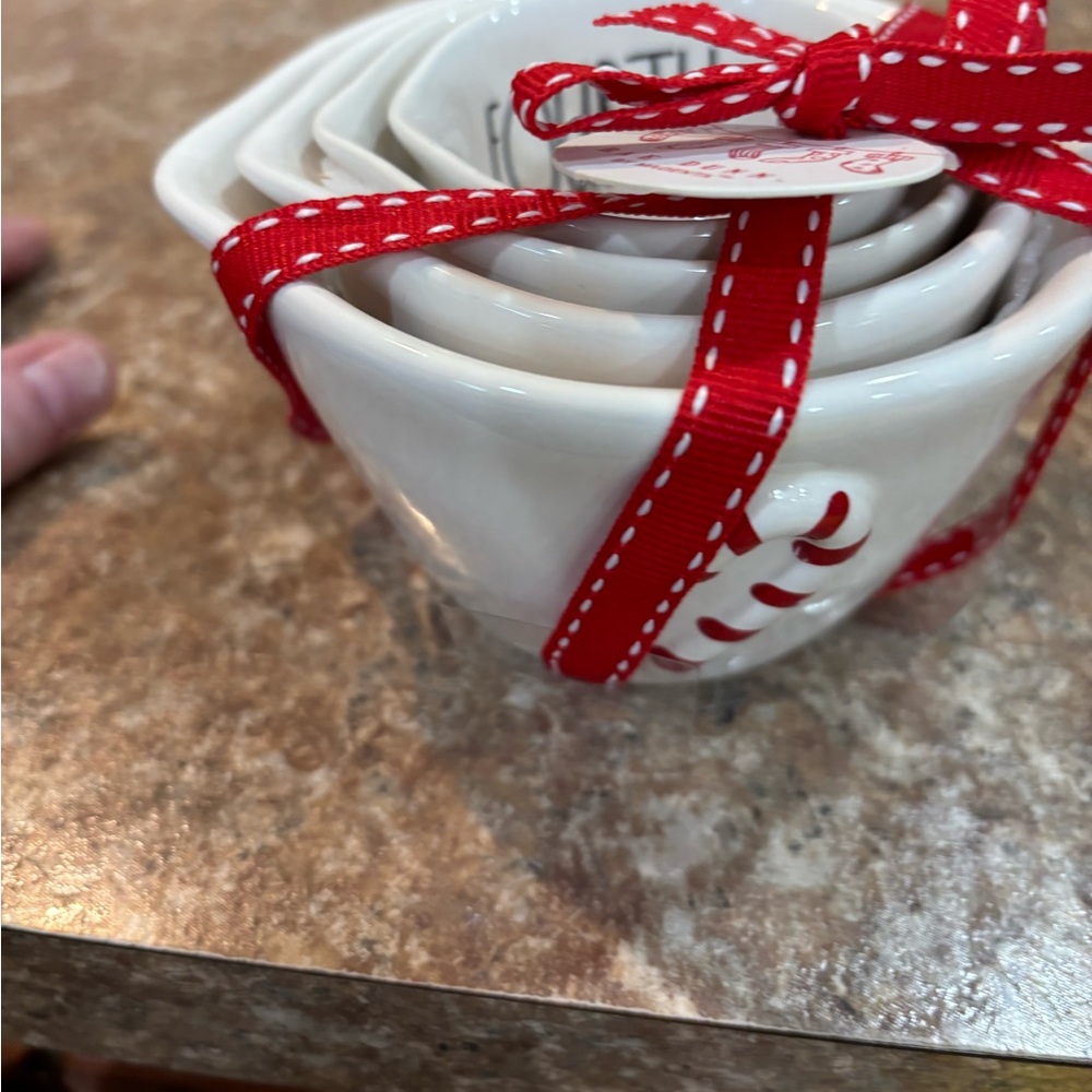 Rae Dunn Candy Cane and White Ceramic nesting cups with Red Ribbon NWT.